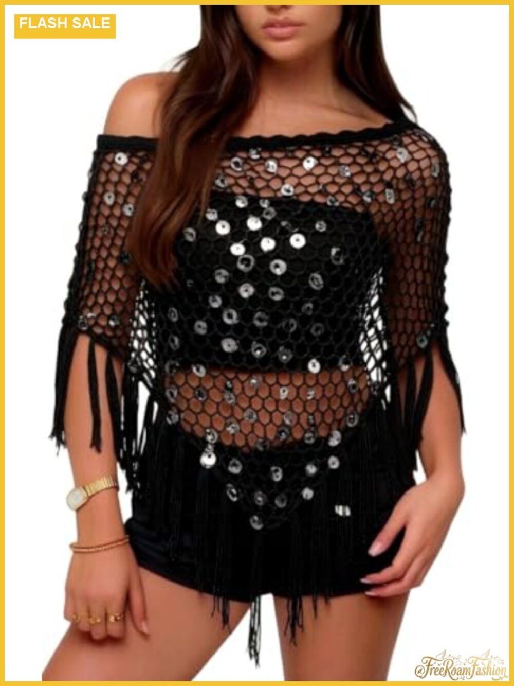Sequin Crochet Knit One Shoulder Poncho Cover Up Fringe Asymmetrical Beach